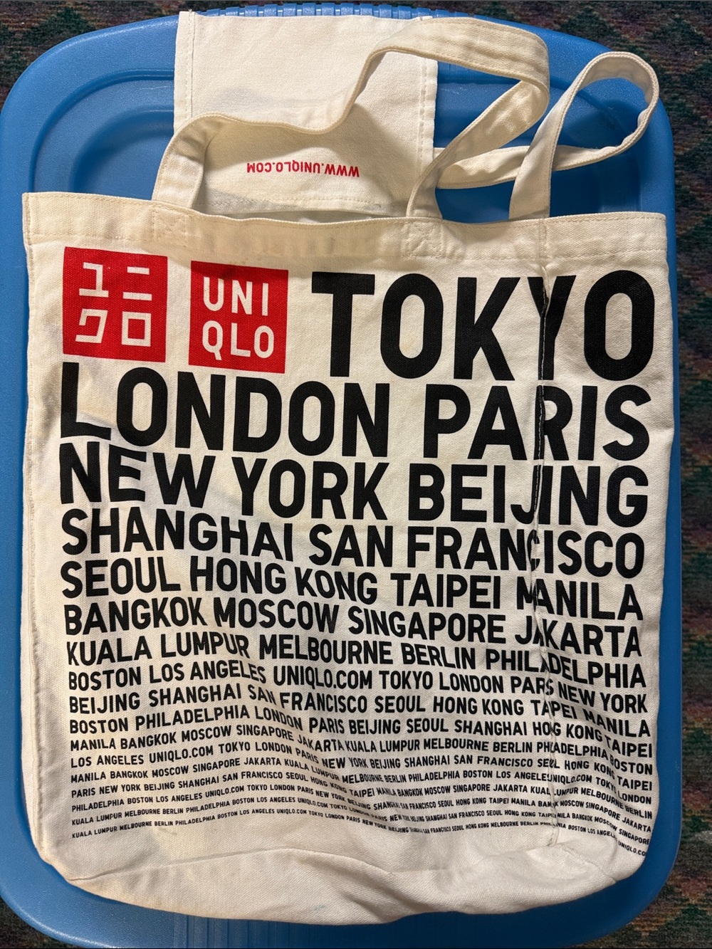 Uniqlo Cream Canvas Tote with Black Text and Red Logo